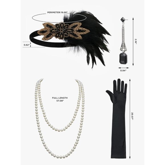 1920s Gatsby Accessories Set Flapper Headband Earrings Pearl Necklace Gloves Wom - Picture 6 of 6